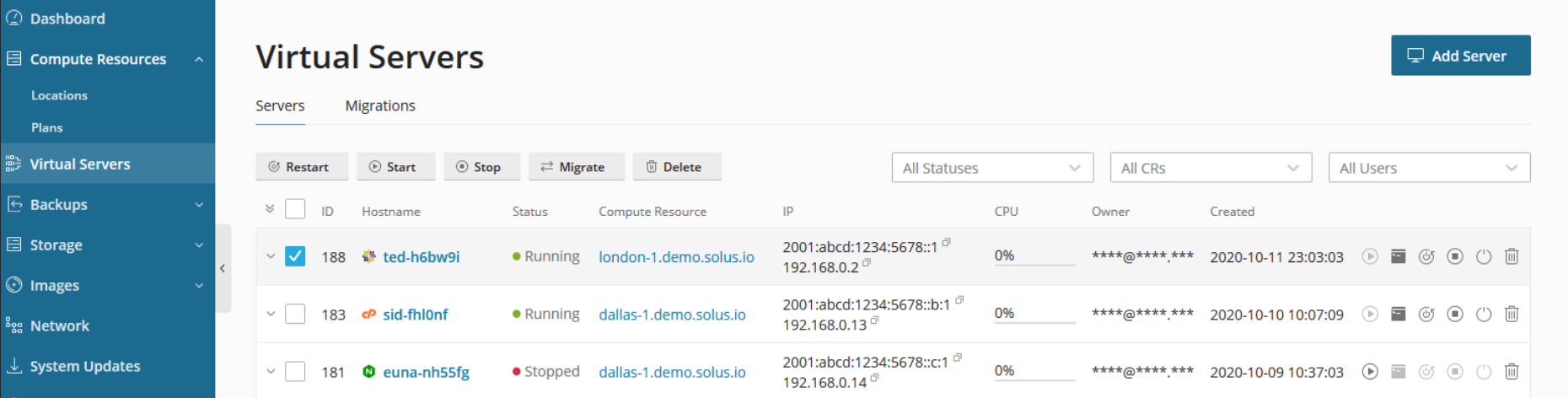 The Virtual Servers overview in your SolusVM 2 dashboard